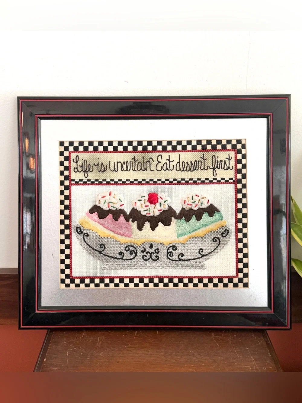 Vintage Retro Dessert Needlepoint Wall Art Checkerboard Kitchen Decor 13.5x15.5